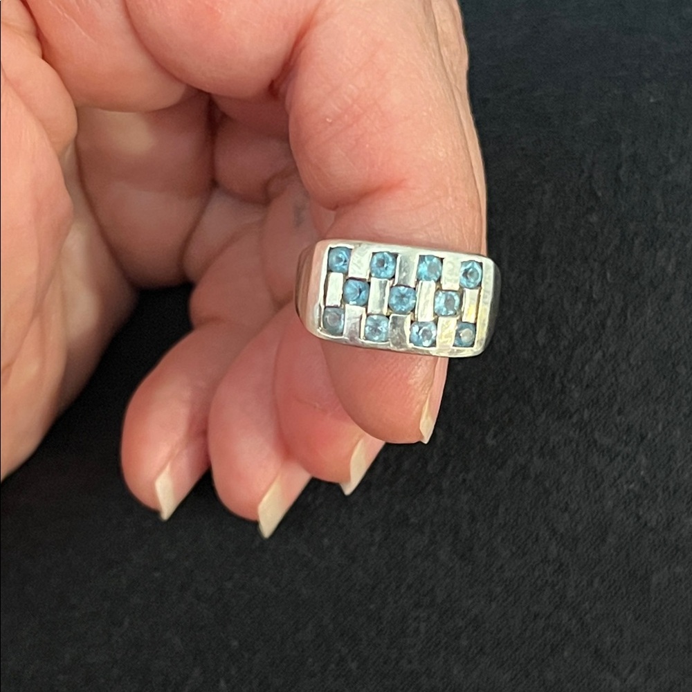 KARL LAINE Blue Topaz Checkerboard Retro Sterling ring - size 5 - Picture 15 of 16